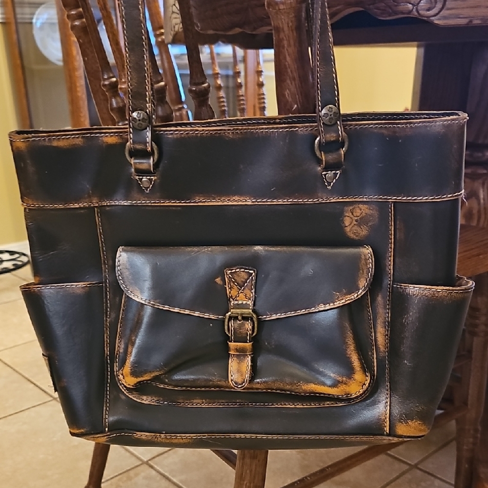 Patricia Nash Distressed Black and Tan Tote